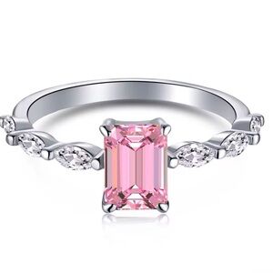 S925 Sterling Silver Emerald Cut Pink Cubic Zirconia Minimalist Ring